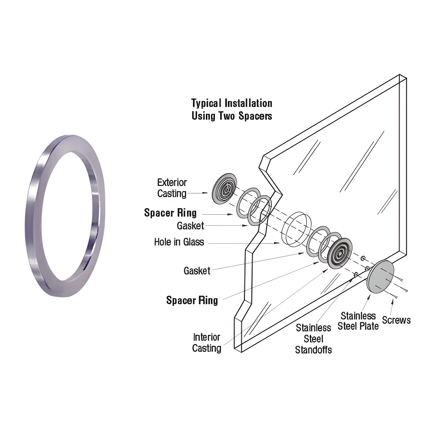 Brushed stainless aluminum spacer ring (SKU SR666114) and exploded diagram showing installation with N666 speak-thru in glass