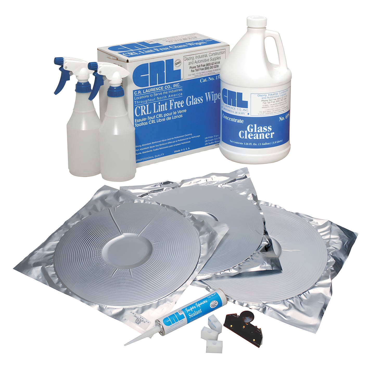 IG Super Spacer starter kit (SKU S1GK877) with spacer rolls, sealant cartridge, applicator, glass cleaner, spray bottles, wip