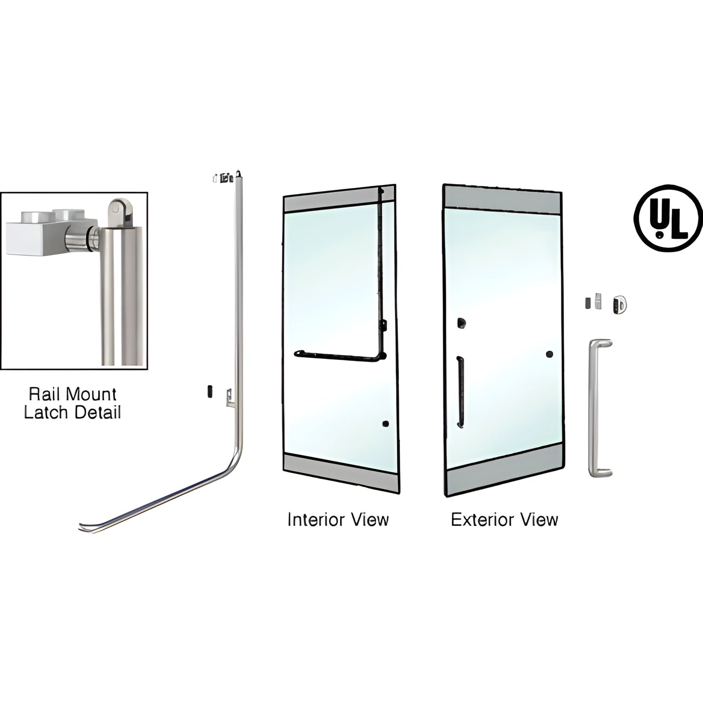 PA100Y3RKBS brushed stainless 1-1/4 in tubular panic rail handle for 1/2 in glass doors, rail-mount, interior exit