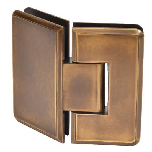 CRL Vintage Brass Cologne 045 Series 135º Glass-to-Glass Hinge for sleek shower design.