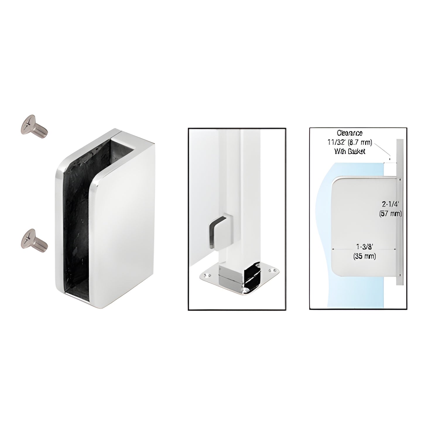 SA92FPS polished stainless steel flat glass clip for 1.5" square posts, holds 6/10mm glass; includes screws and clear gaskets