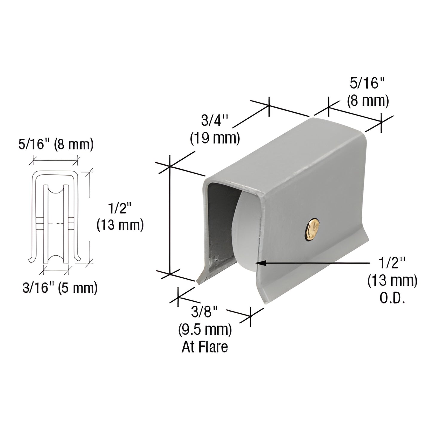 D650 stamped-steel nylon roller assembly for H-bars, gray housing with 1/2" nylon wheel, dimensioned diagram.