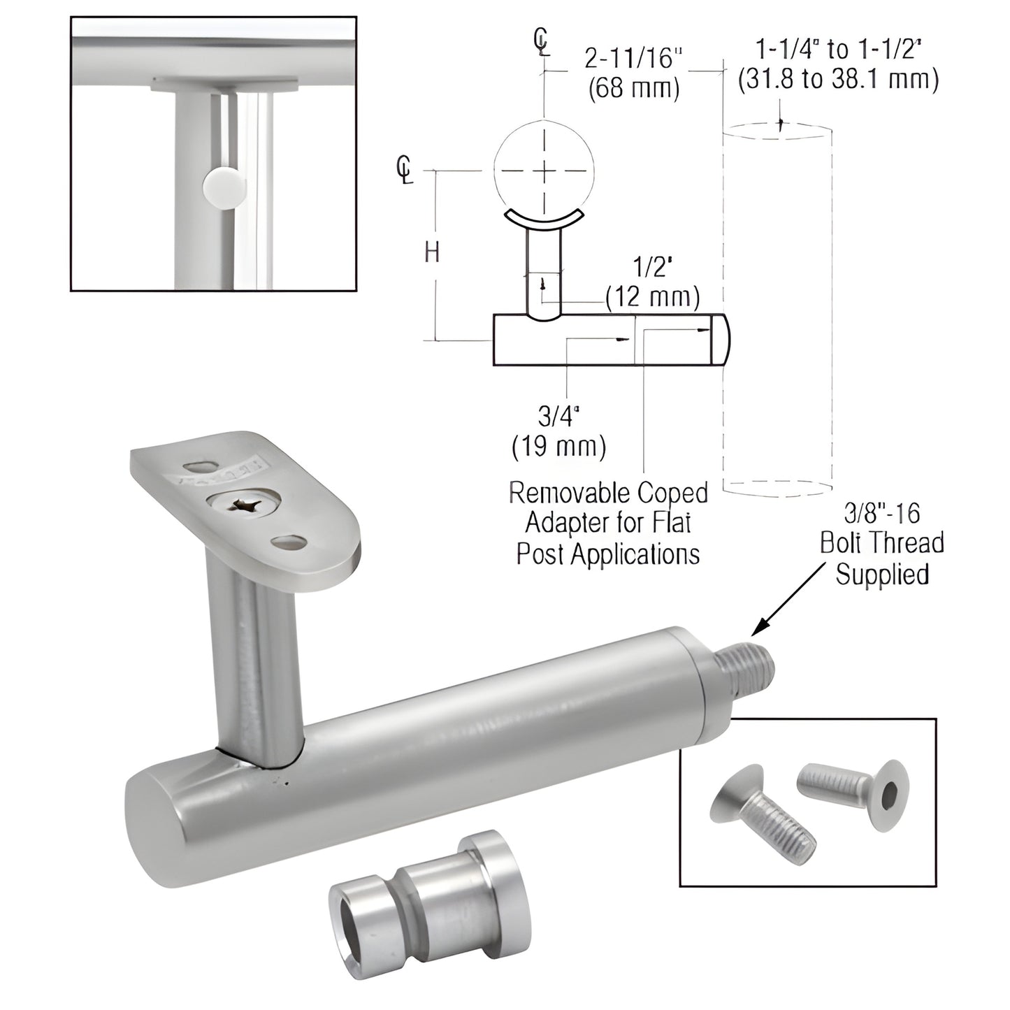 HR2EPBS 316 stainless brushed steel post-mounted handrail bracket for 11 2-2 tubing, includes adapter and screws