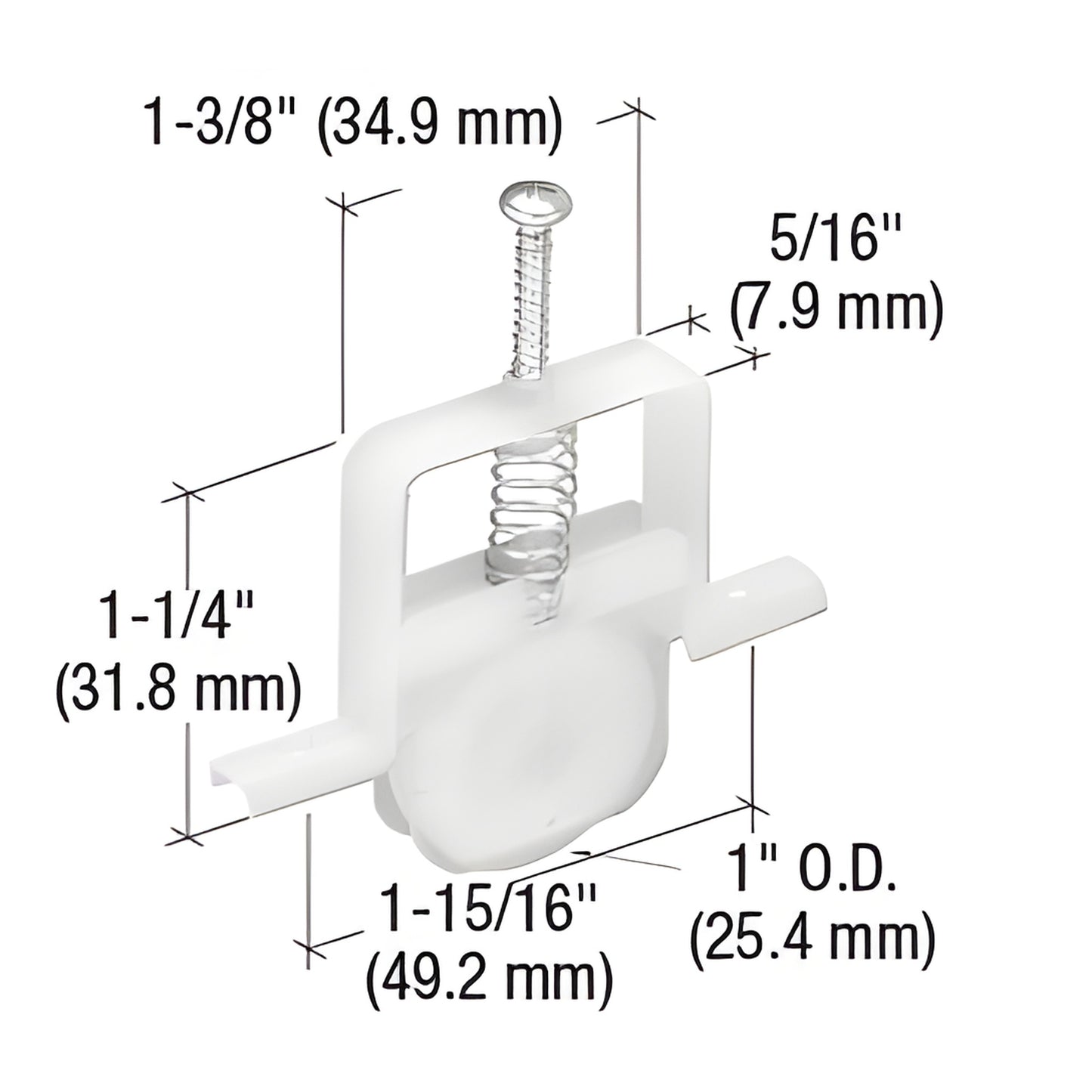B695 CRL sliding screen door bottom roller - slim 5/16" nylon housing, adjustable yoke, 1" OD roller, white.