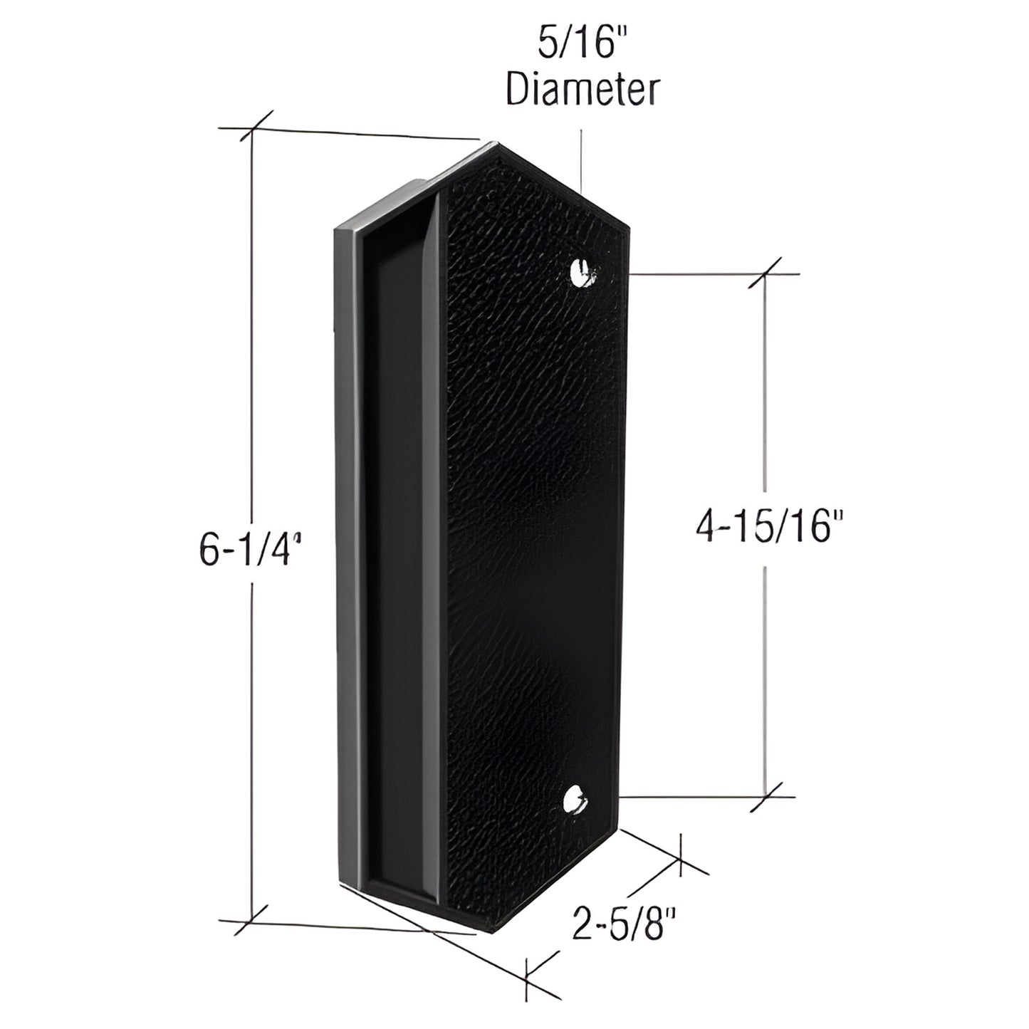 V312B black polycarbonate outside patio door pull, 6-1/4" tall, surface-mount, 4-15/16" hole spacing, 2-5/8" protrusion.