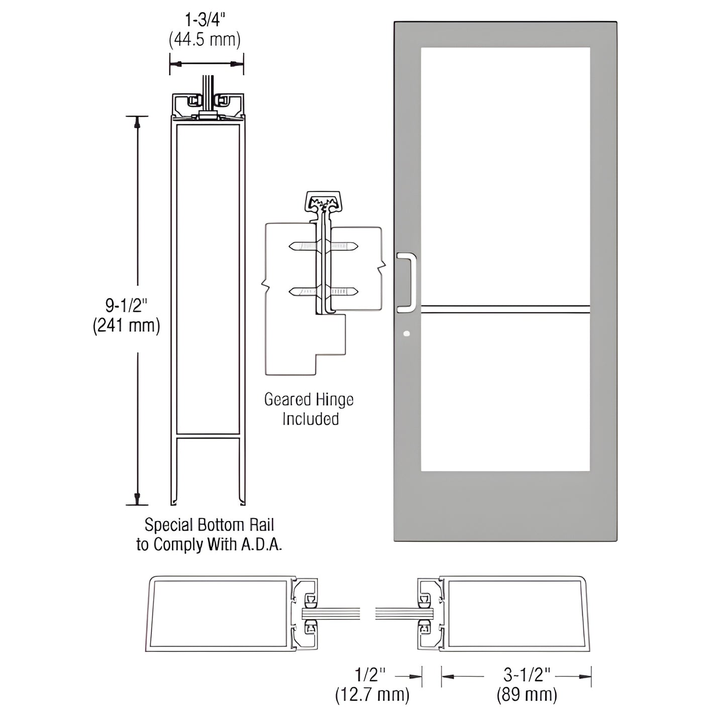 CRL medium stile entrance door SKU CD41811, clear anodized, 3.5" stiles, ADA 9.5" bottom rail, fits 1/4" glass