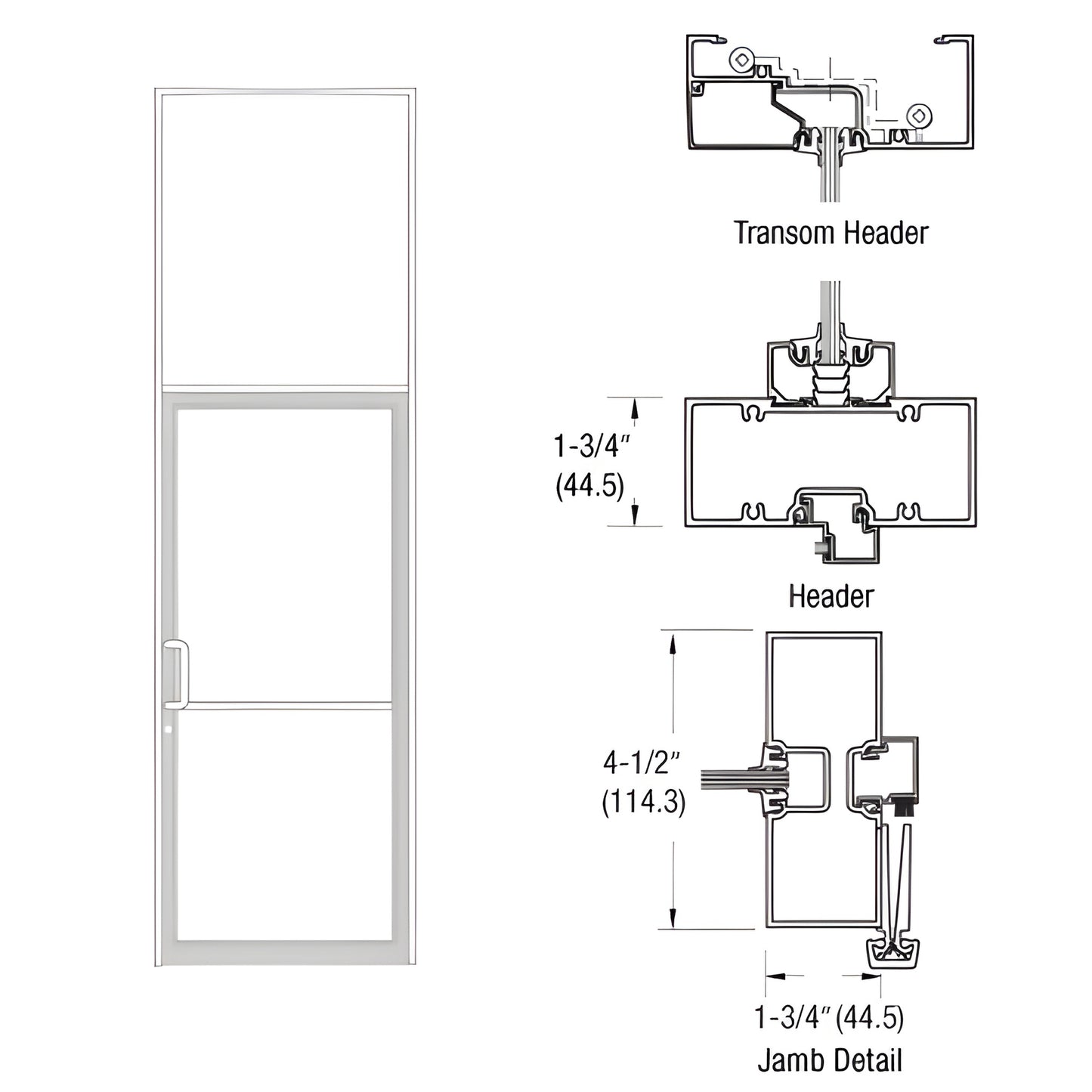 White Kynar gear-hinge transom door frame with aluminum threshold and jamb/header detail drawing - SKU FR61852