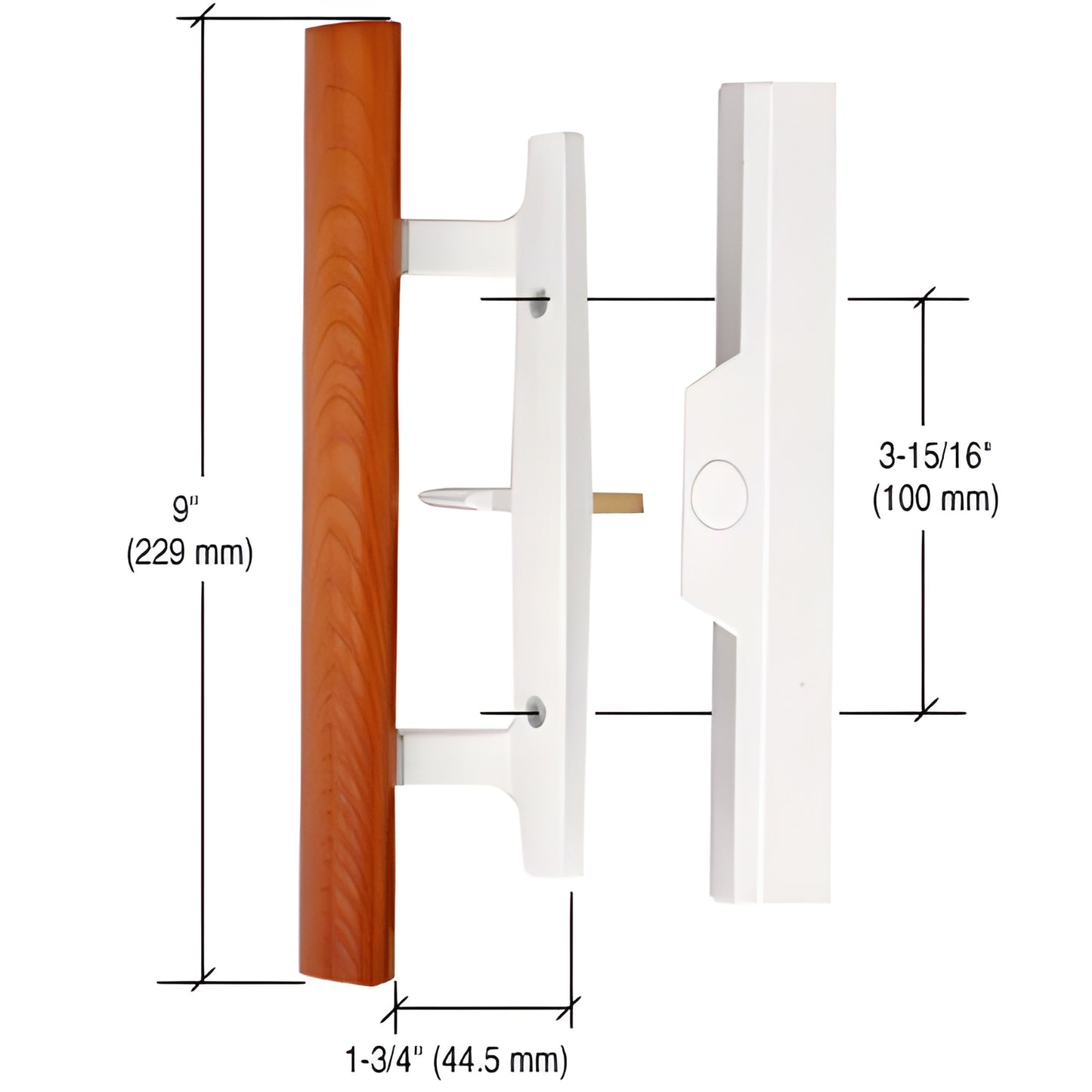 Mortise handle set SKU C1315 - white diecast exterior, 9 in wood inside pull, 3-15/16 in (100 mm) hole centers.