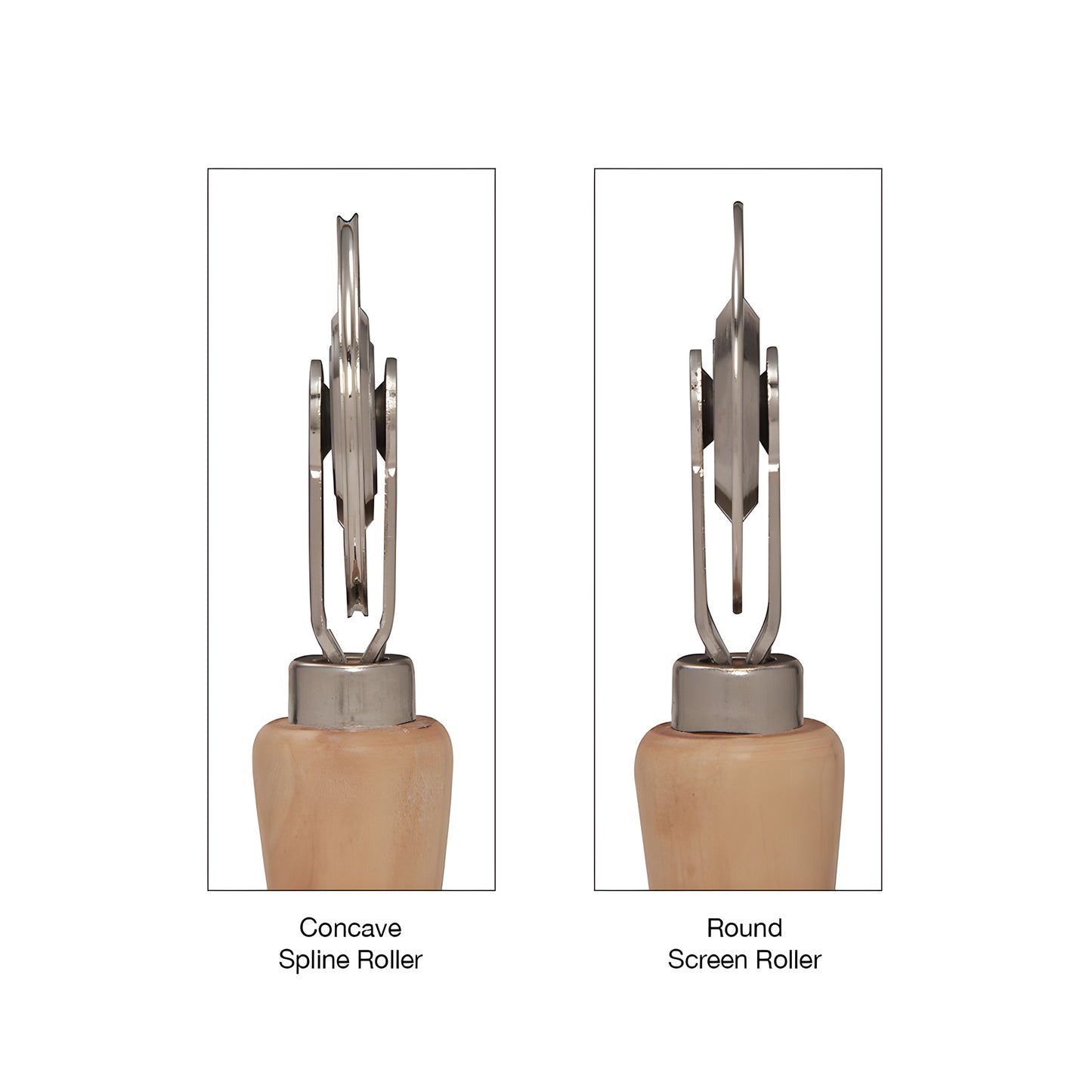 Screen and spline roller with contoured hardwood handle and two steel wheels (round and concave), SKU 166166RN