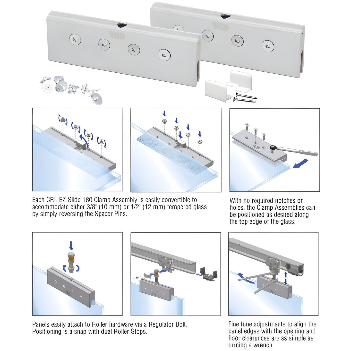 CRL3929 EZ-Slide 180 clamps - pair with screws and nylon bottom guide for 3/8-1/2" (10-12mm) tempered glass panels