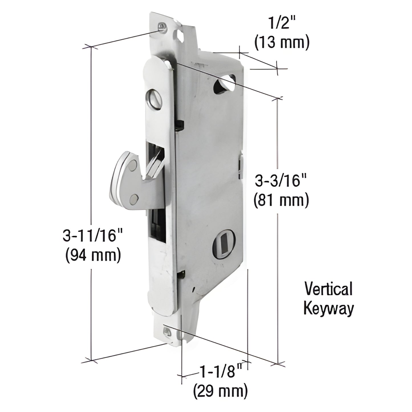 Stainless steel CRL mortise lock SKU E2185 - vertical keyway, adjustable hook, 1/2" housing, 3-11/16" screw centers.