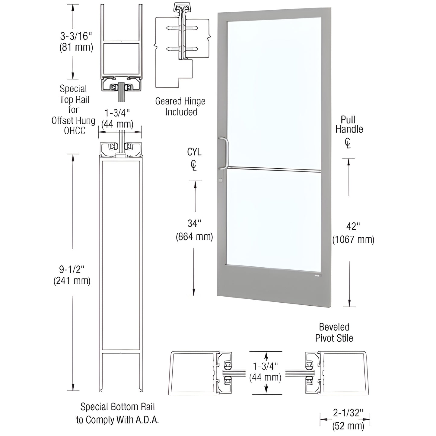 Clear anodized narrow-stile entrance door DE21911 with 9-1/2" ADA bottom rail, push/pull handle and keyed cylinders.