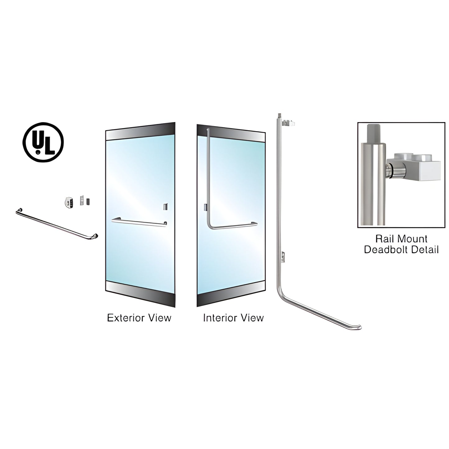 Brushed stainless steel 1-1/4 in rail-mount deadbolt handle for 3/4 in tempered glass doors, left-hand reverse (SKU 3D100A4R1