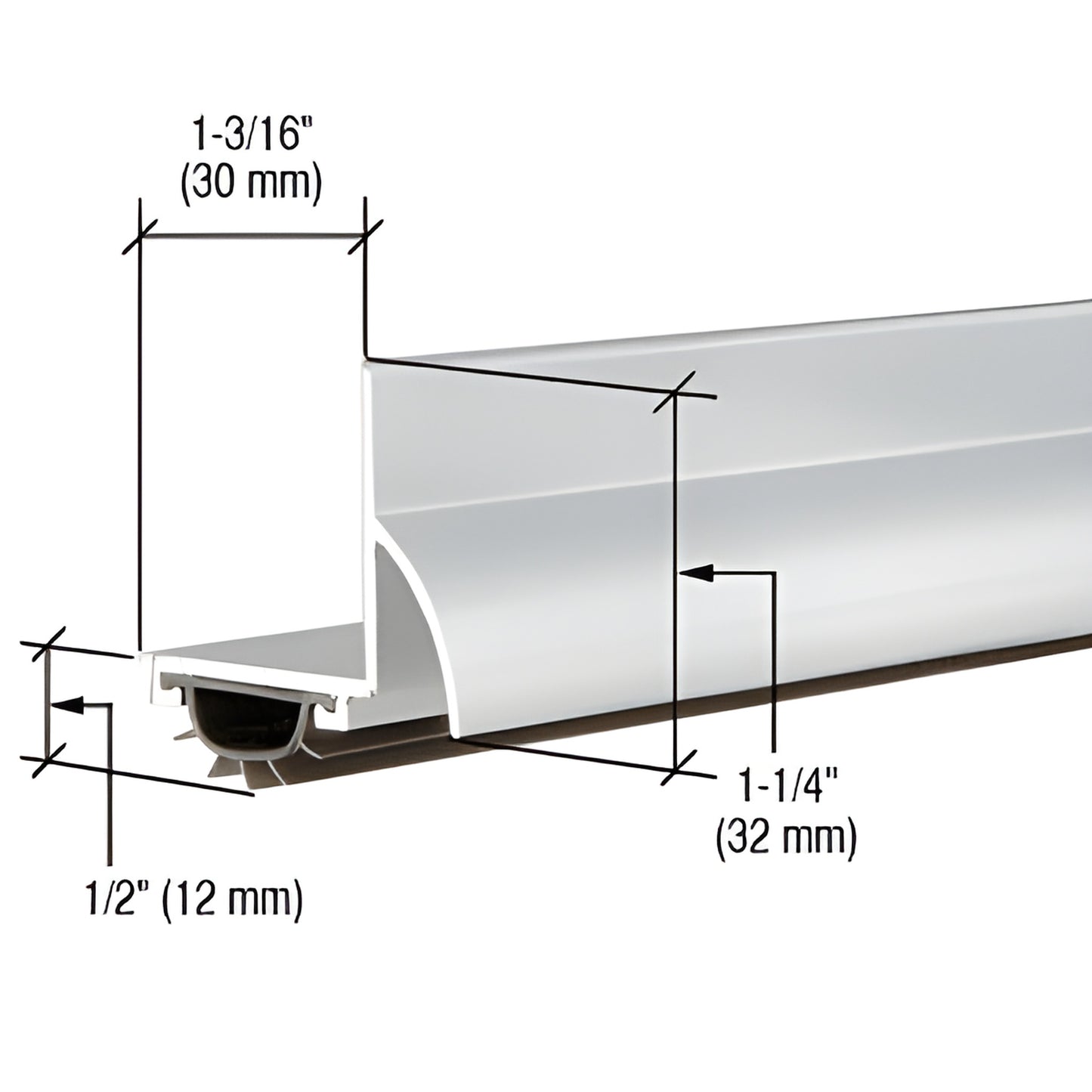 Aluminum L-shaped door bottom sweep (SKU 18VRA36), 35-3/4" long, 1-1/4" face, 1/2" compressible vinyl seal.