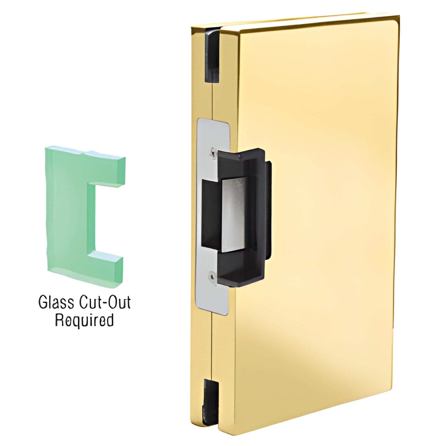 Polished brass center-lock glass keeper with integrated deadlatch electric strike (DLER610PB); glass cut-out required.