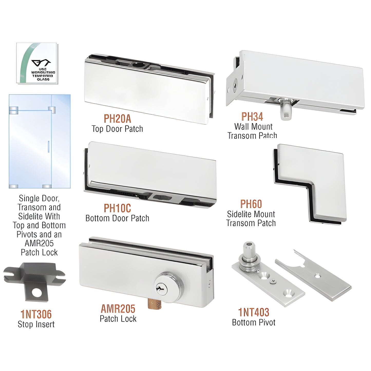 PHA4LA pivot kit for tempered glass door with transom and sidelite, includes patches, pivot and patch lock