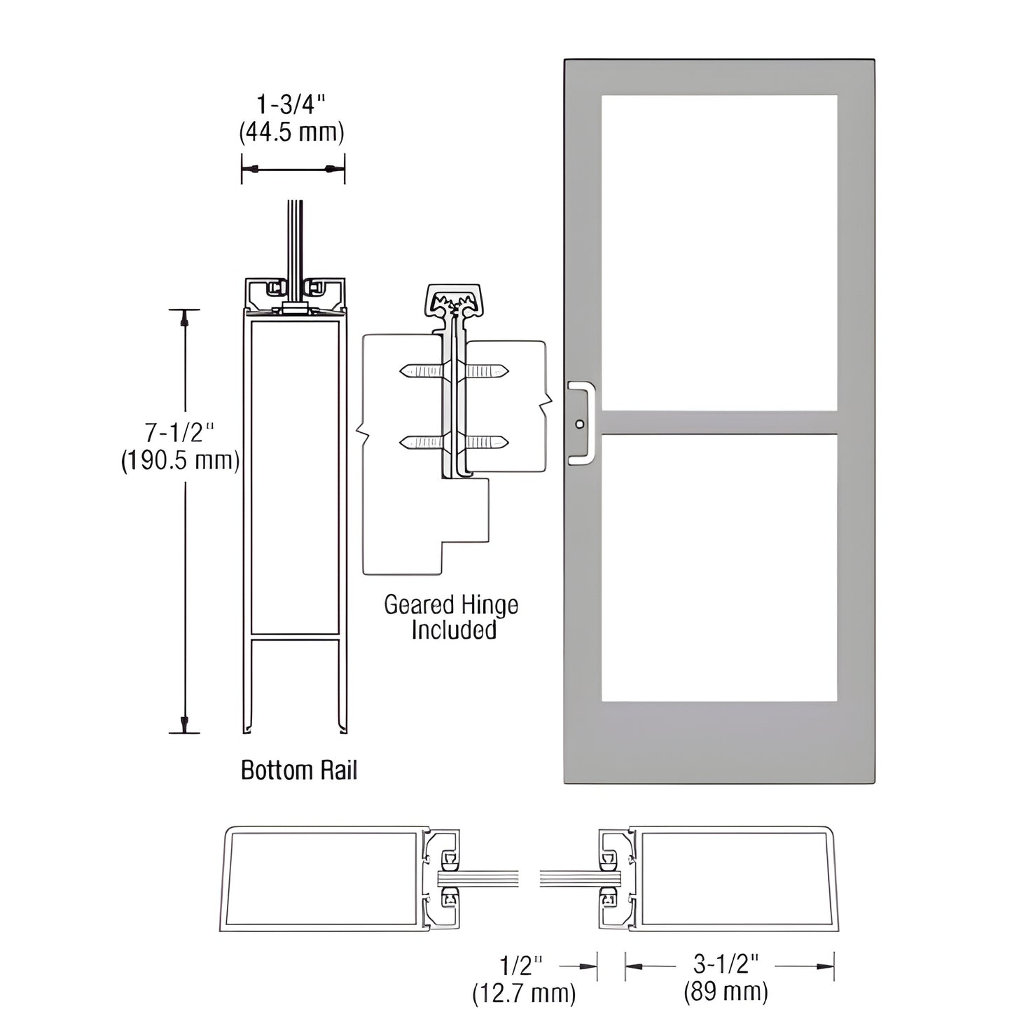 Medium-stile commercial entrance door SKU HZ41811 - clear anodized frame, glass panels, 3.5" stiles, 7.5" bottom rail