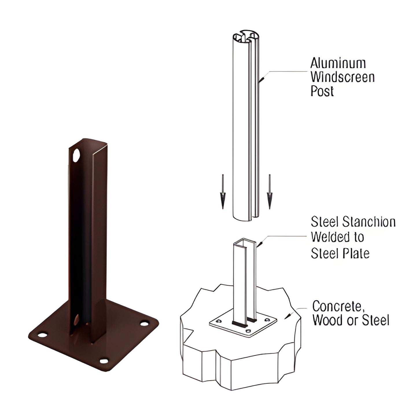 PSB3ABRZ matte bronze welded steel stanchion, 12 in height, 5x5 in base plate, 90 surface-mount.