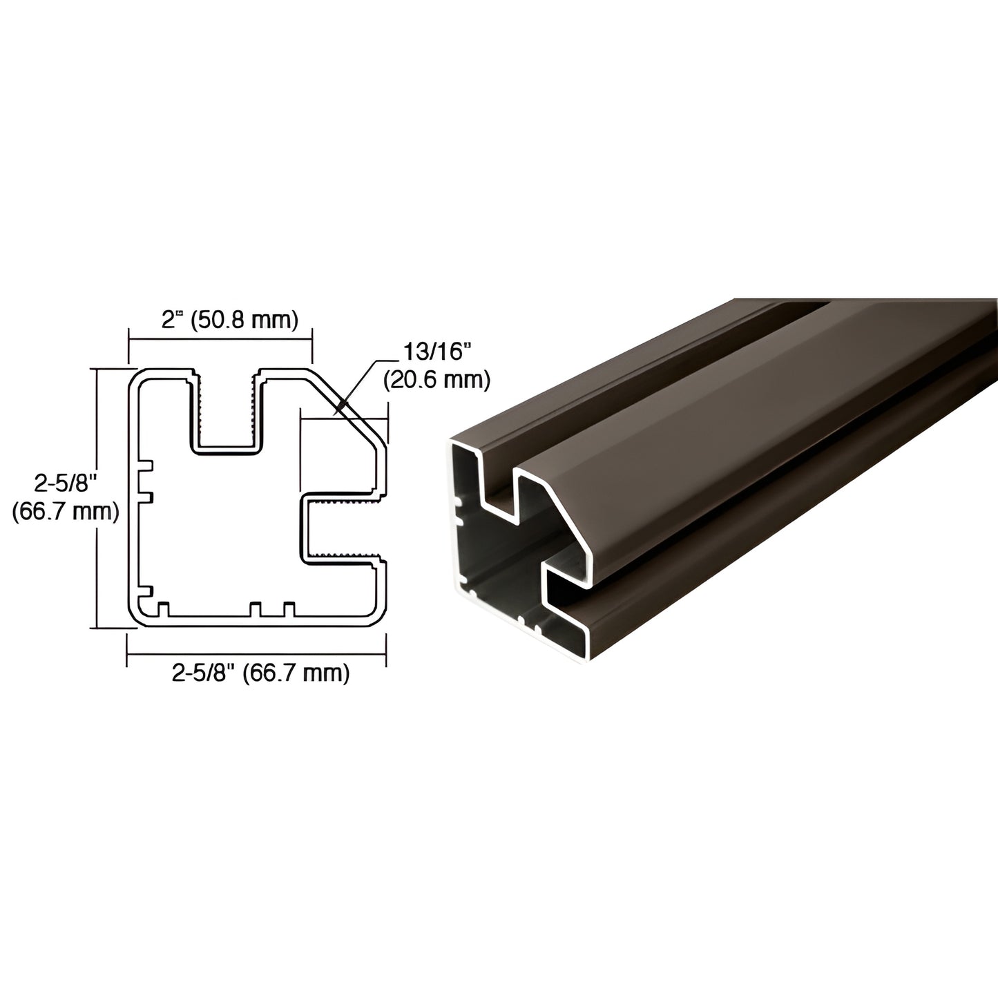 Matte bronze aluminum rectangular windscreen post (SKU SP972BRZ), 72" long, 2-5/8" square profile with diagram.