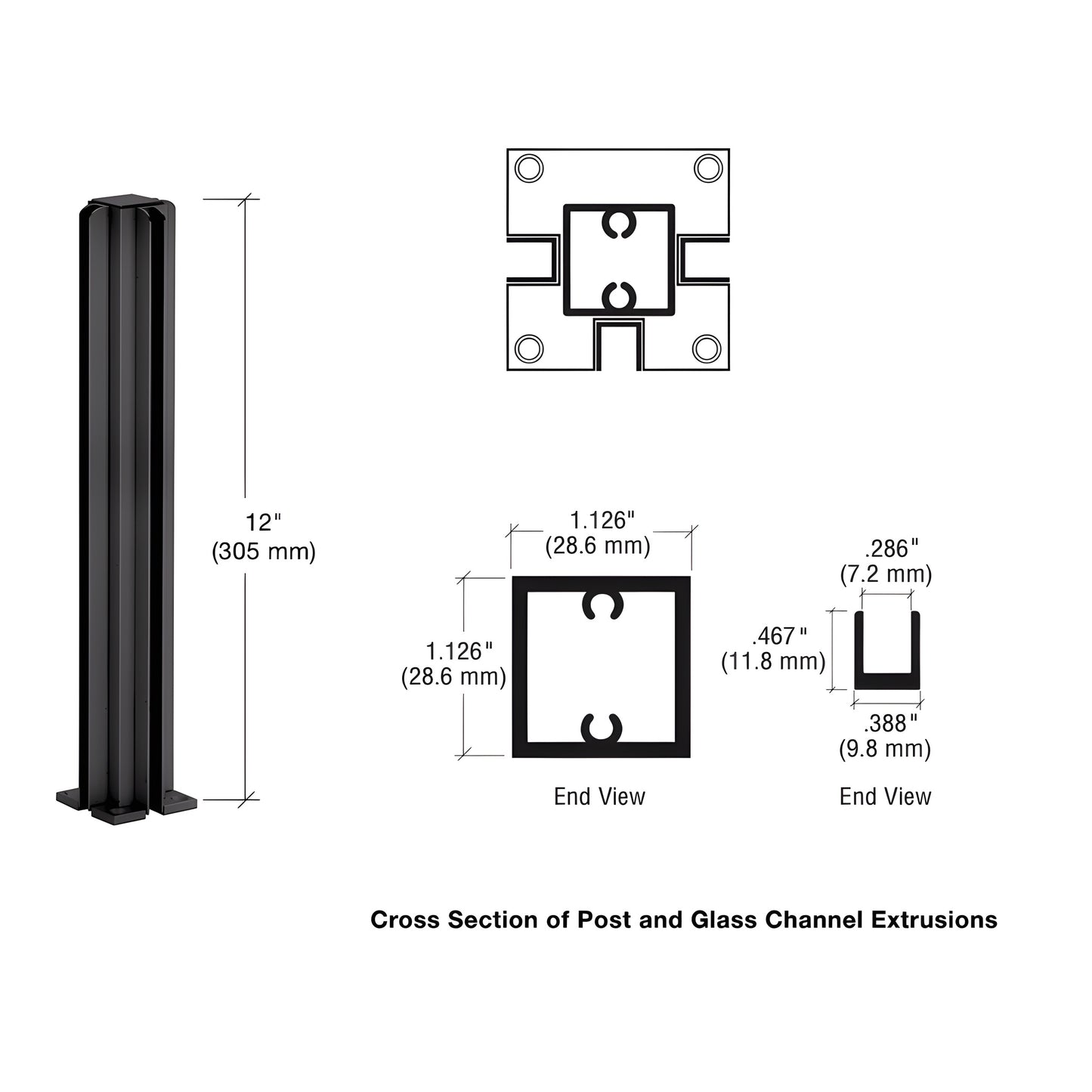 SKU D990DU123W dark bronze aluminum 3 way partition post, 12 in high, 1 1/8 in square tube with U channel glazing.