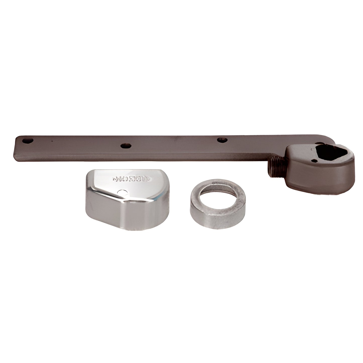 Rixson left-hand offset closer arm SKU 252050LHSC, satin chrome finished cap and spacer on white background