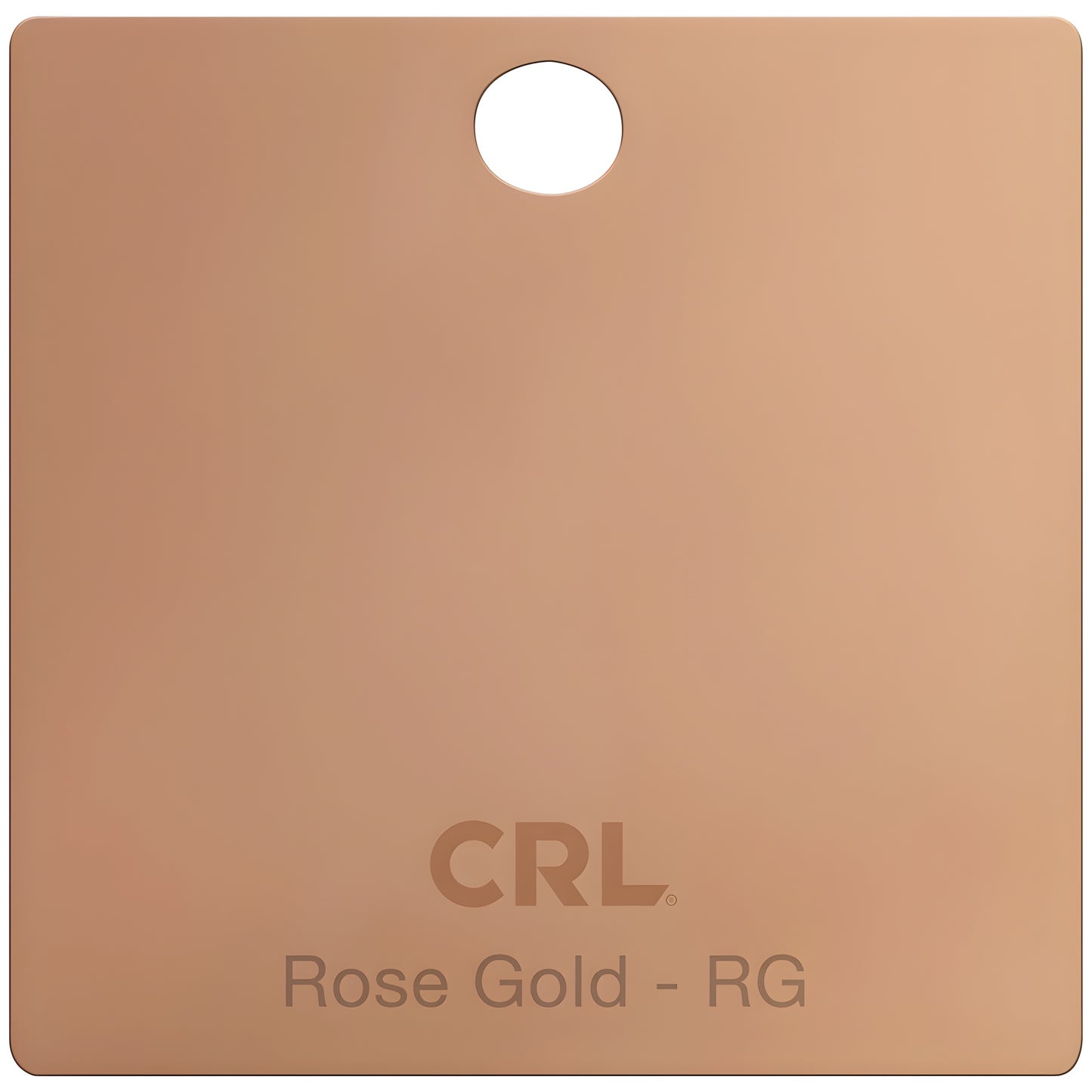 Rose gold brass finish sample chip (SKU CH2PRG) with hanging hole and embossed CRL logo, labeled "Rose Gold - RG"