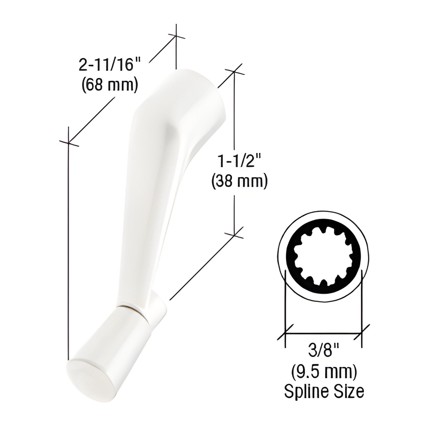 White diecast casement crank handle (SKU H3713), 1-1/2" height, 2-11/16" protrusion, 3/8" spline.