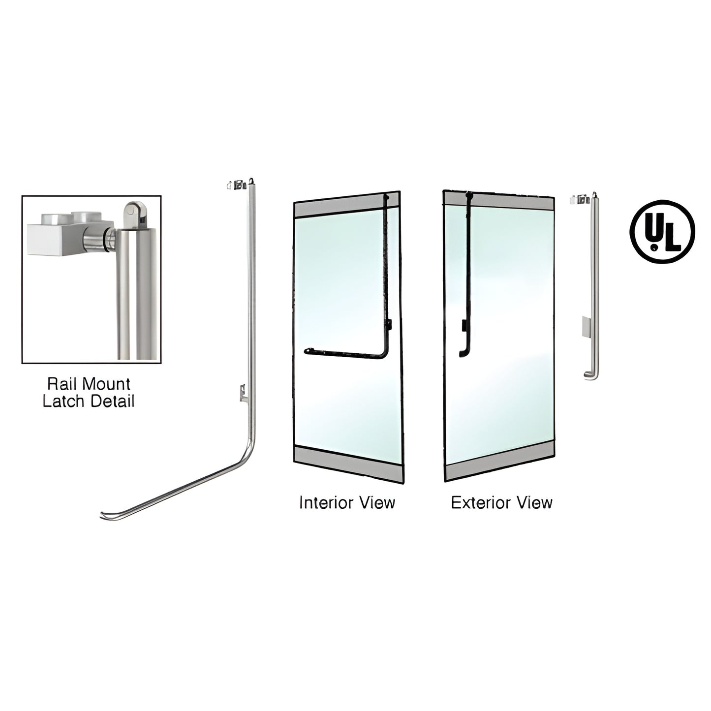 PA100JS3RPPS polished stainless tubular panic handle for 1/2" glass doors, rail-mount, 1-1/4" dia, interior and exterior view