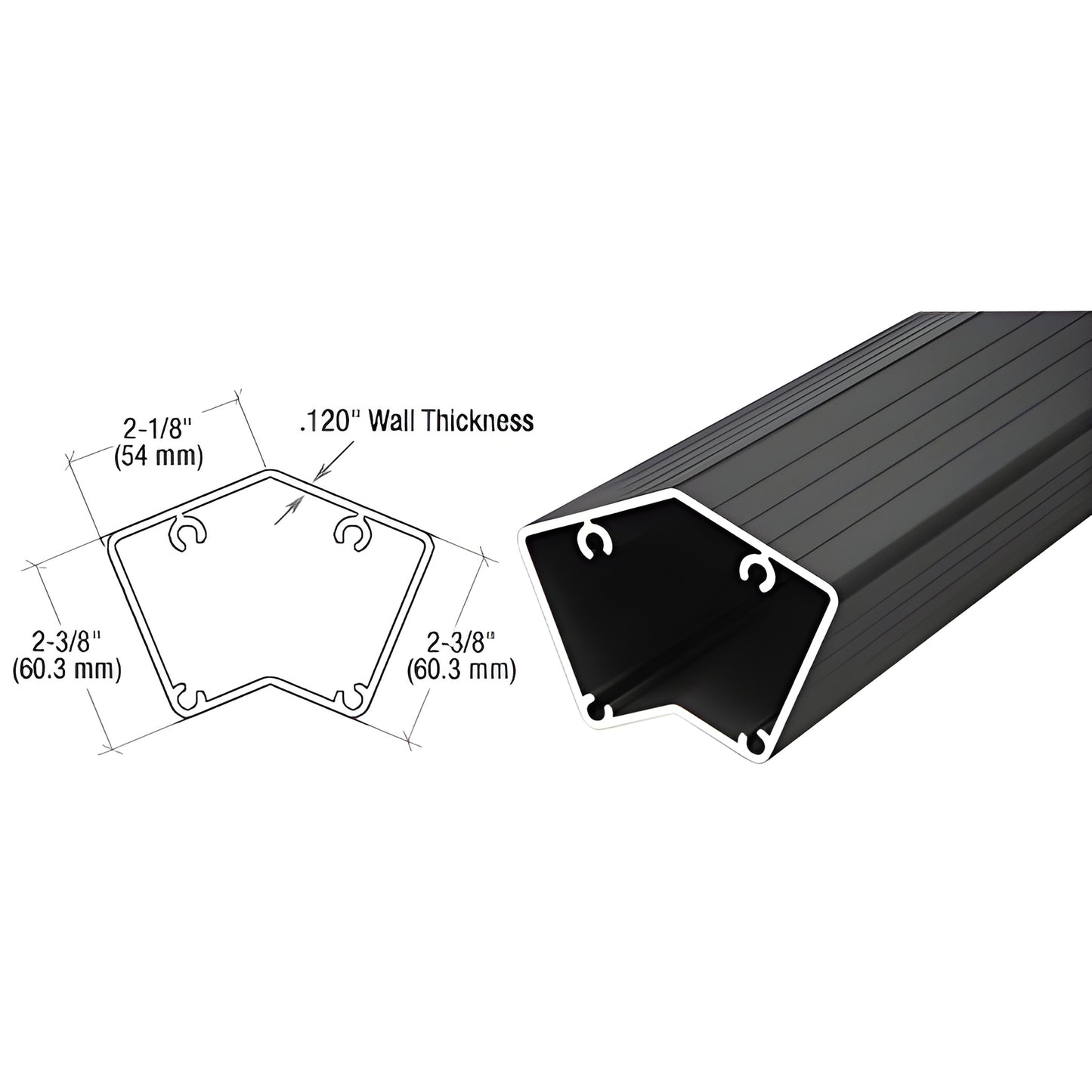 Matte black aluminum 135 railing post profile SKU P536BL - 2-3/8" height, .120" wall thickness, cut-to-length stock.