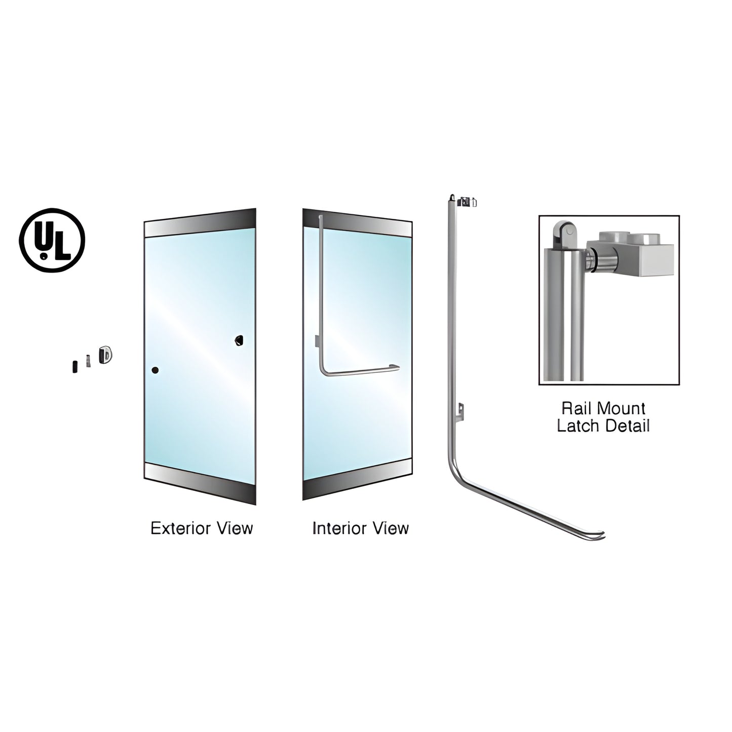 Brushed stainless rail-mount panic handle for 1/2 and 3/4 in glass doors, interior push bar, SKU BP100Z4RKBS