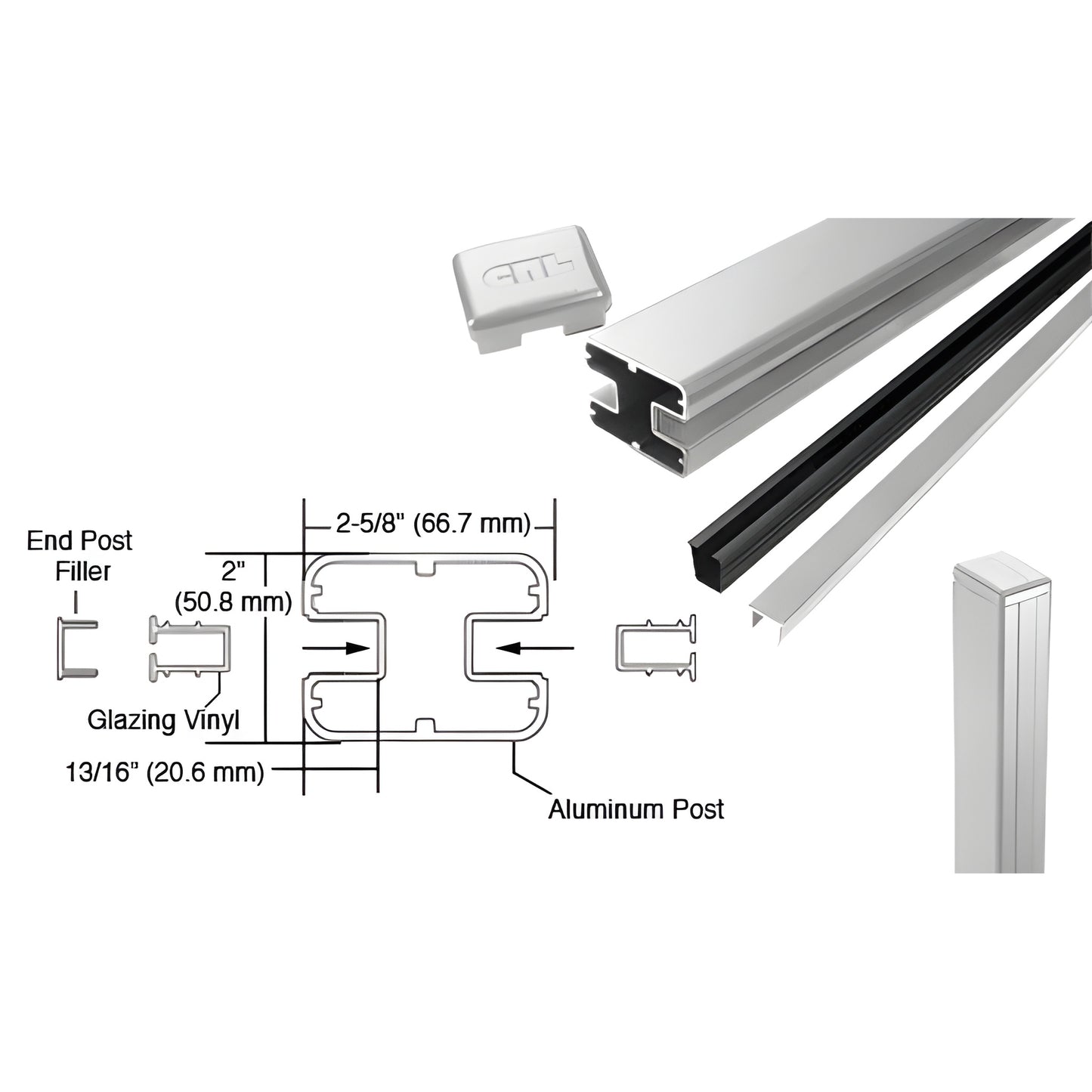 S36EKS silver aluminum 36in rectangular end glass railing post kit with top cap and glazing vinyl, 2-5/8" depth.