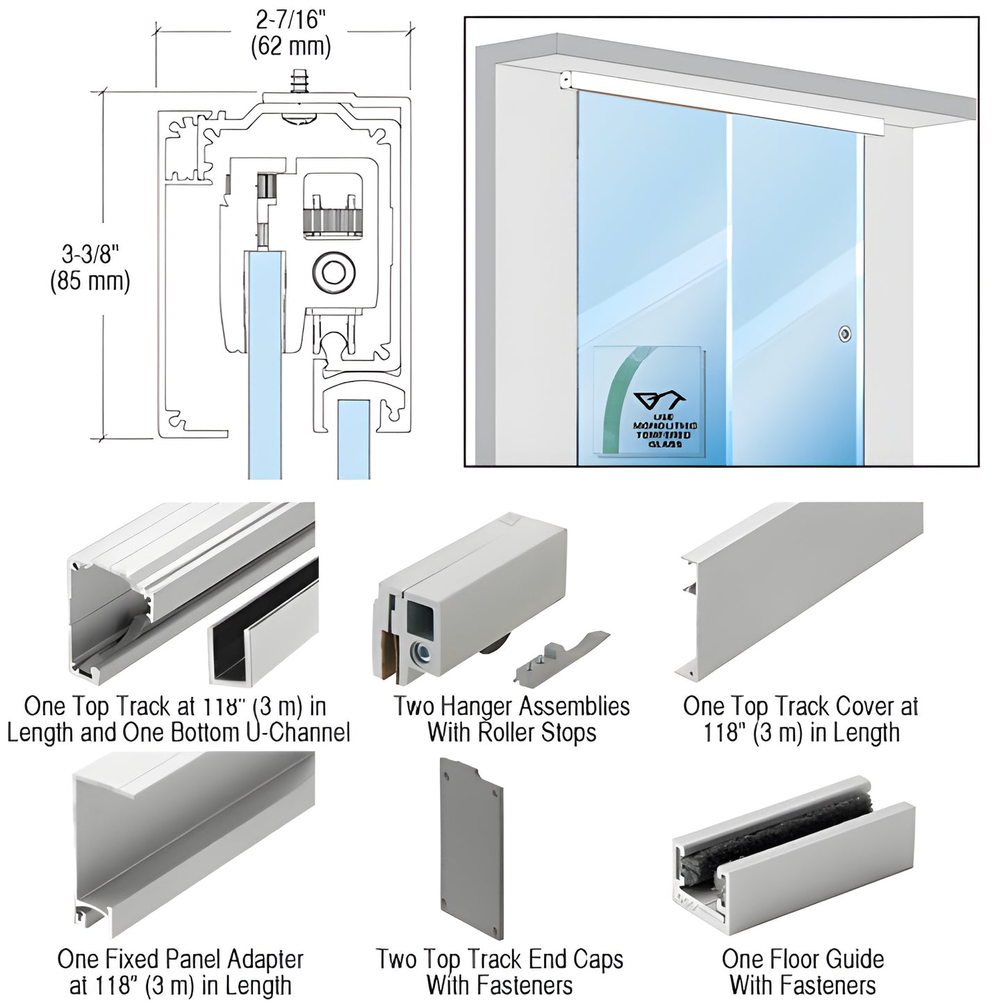 CRL2812FBSA brushed stainless anodized single-panel sliding door kit for 1/2" tempered glass, 118" aluminum track.