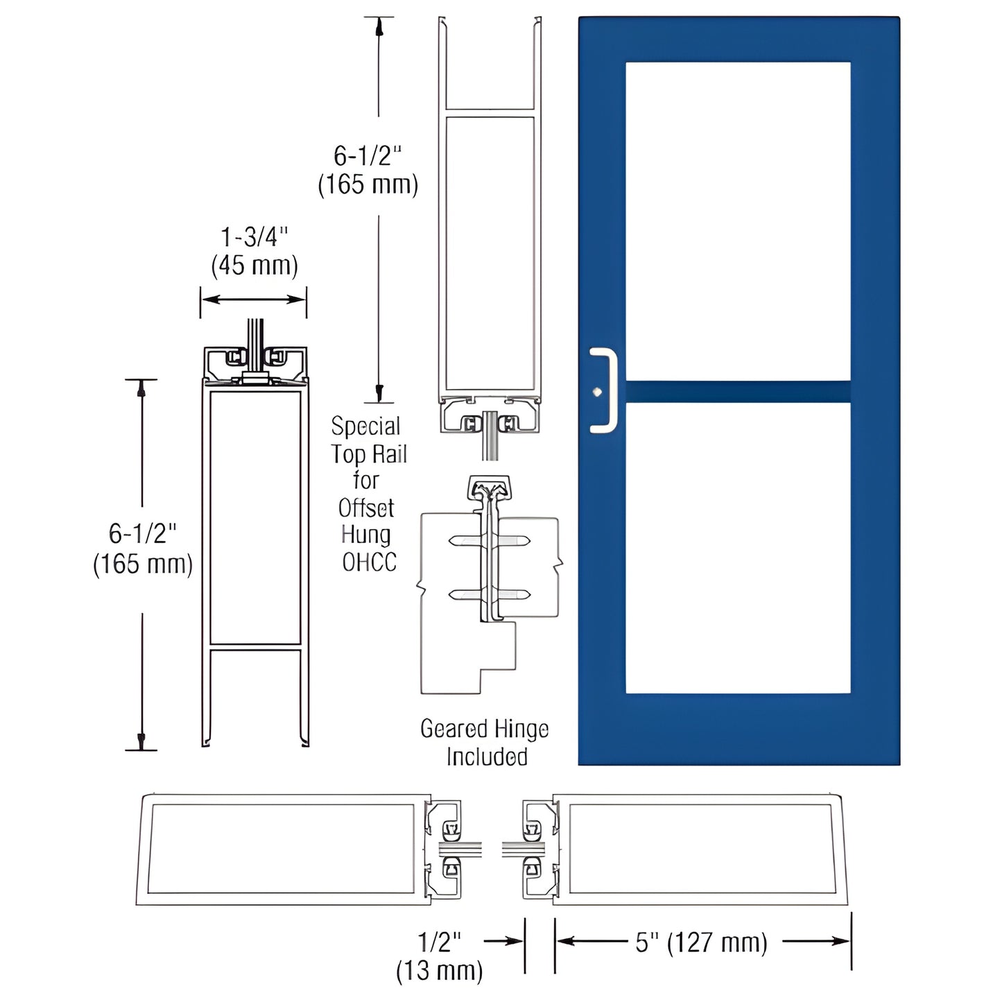 Blue custom wide-stile commercial entrance door with midrail, geared hinge, fits 1/4" tempered glass. SKU DZ51971