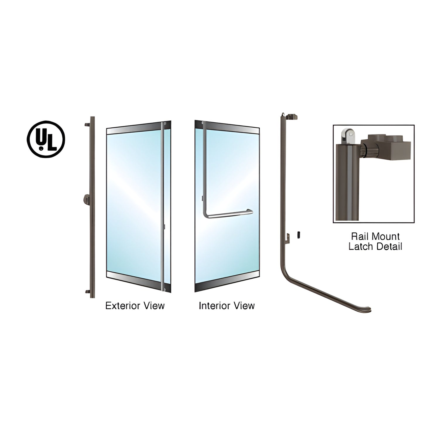 PA100F4LK0RB oil rubbed bronze low-profile 1-1/4 in panic rail handle for 1/2-3/4 in glass doors, interior push bar