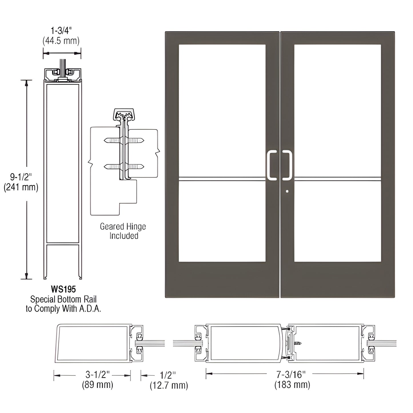 DE42822 black bronze anodized medium-stile commercial double entrance door with 9.5" ADA bottom rail and glass.