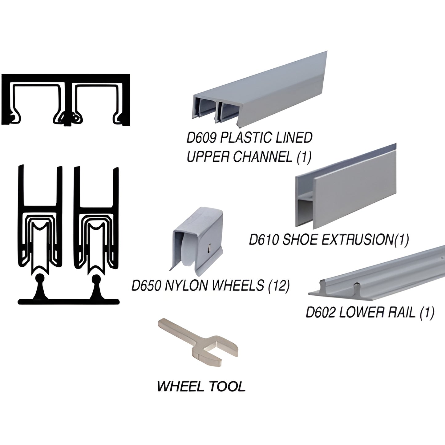 D2204A low-profile satin anodized aluminum rolling track kit for 1/4" tempered glass with D650 nylon wheels and wheel tool