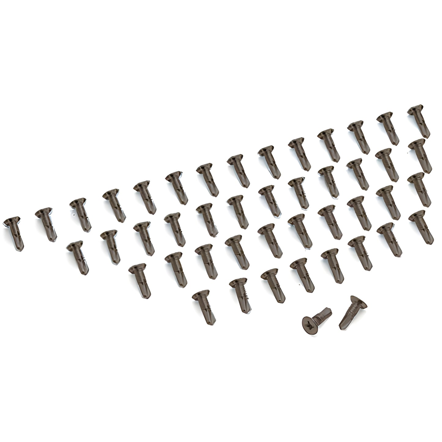 46 dark bronze CRL replacement screws (RSP400DU) for 400/450 continuous geared hinges, scattered on white.