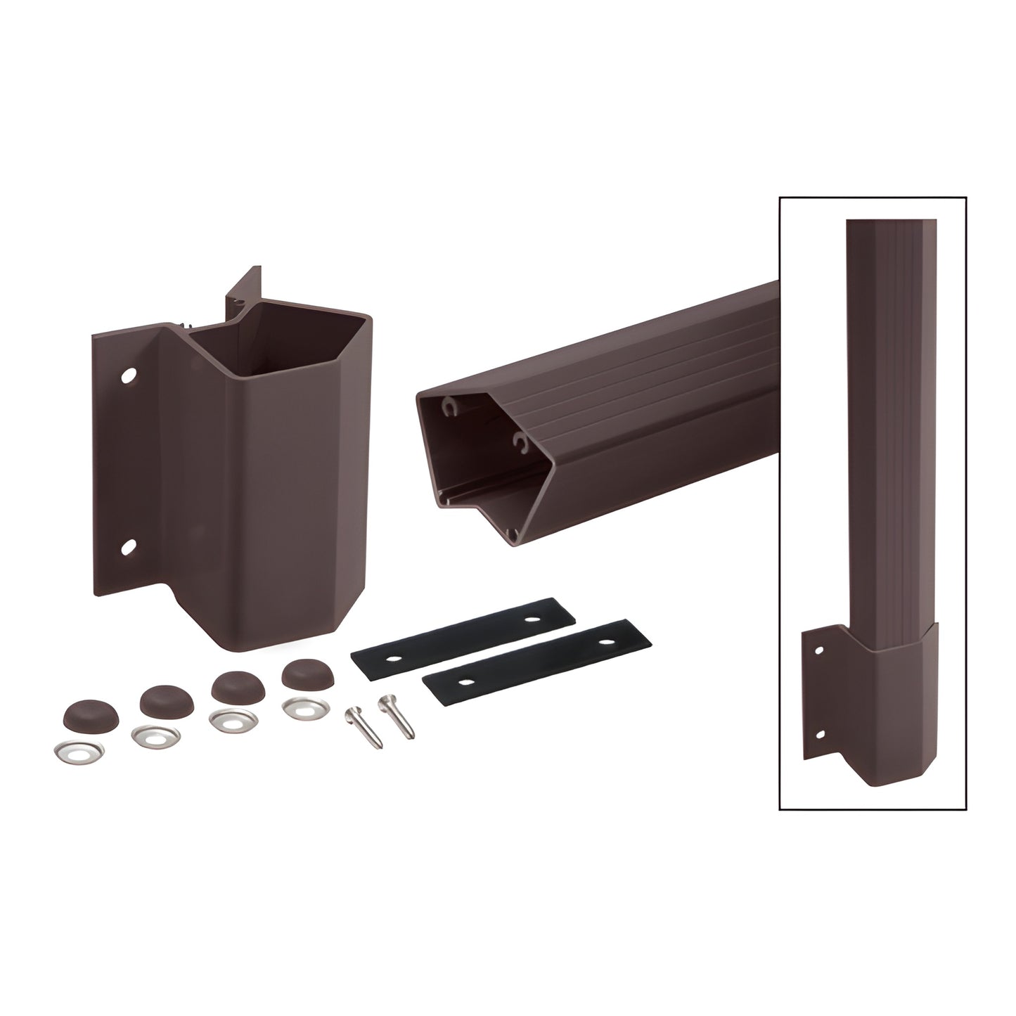 Matte bronze 135 inside-corner fascia mount post kit with aluminum extended post, bracket, washers, bolt covers. SKU FP536KB