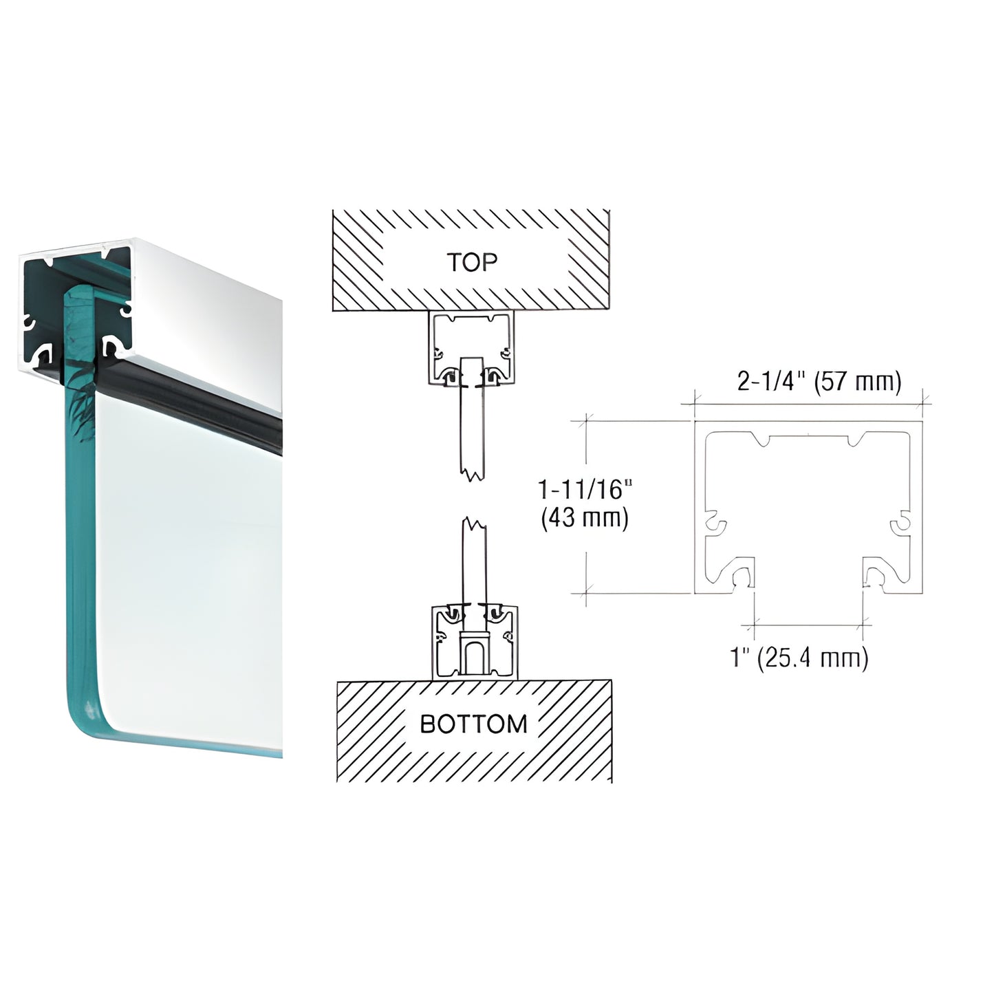 Polished stainless steel clad aluminum U channel/header (SKU NH3PSSL) for 3/4" (19 mm) glass, 2-1/4" wide, 120" long.