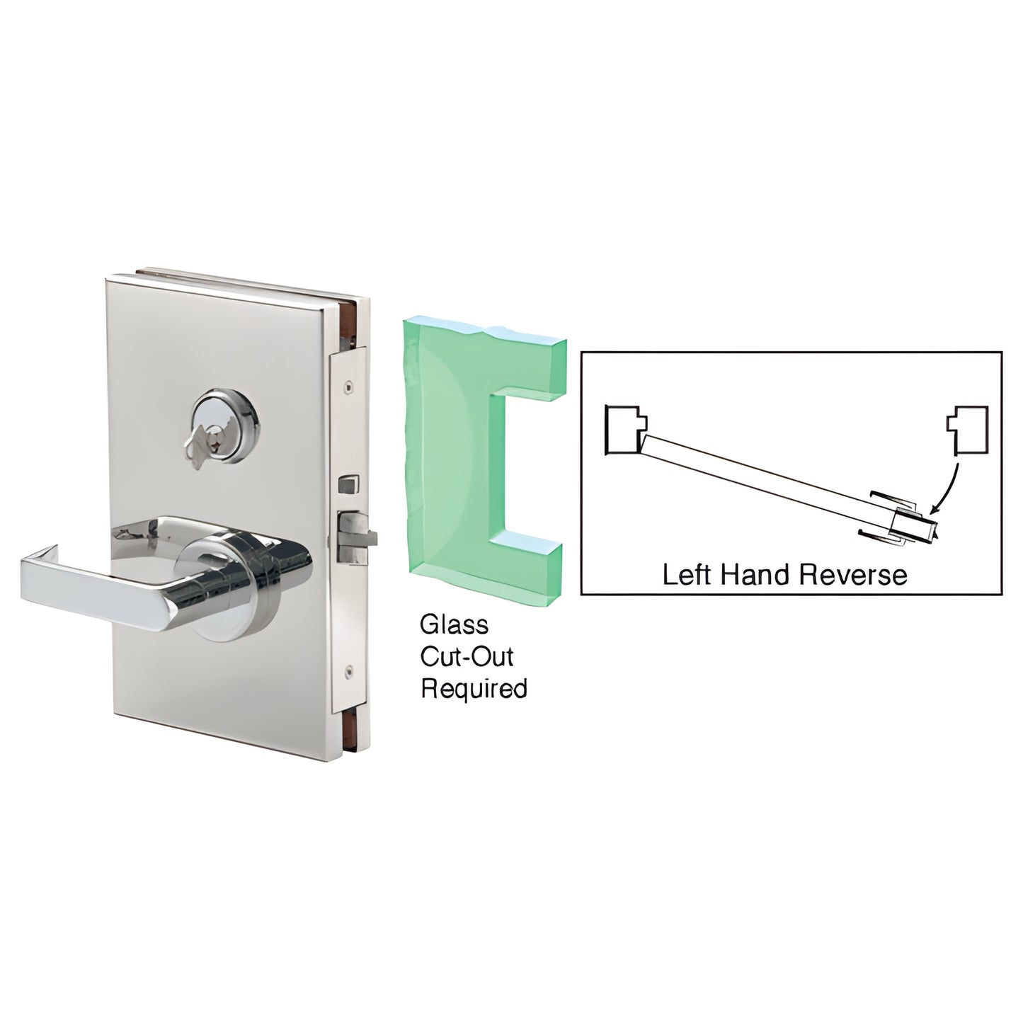 DL611LSPS polished stainless center lock for 1/2" (12mm) glass, left-hand reverse, lever handle with key cylinder.