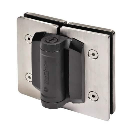 Close-up of CRL 316 Brushed Stainless 180 Degree Glass-to-Glass Hinge for seamless doors.