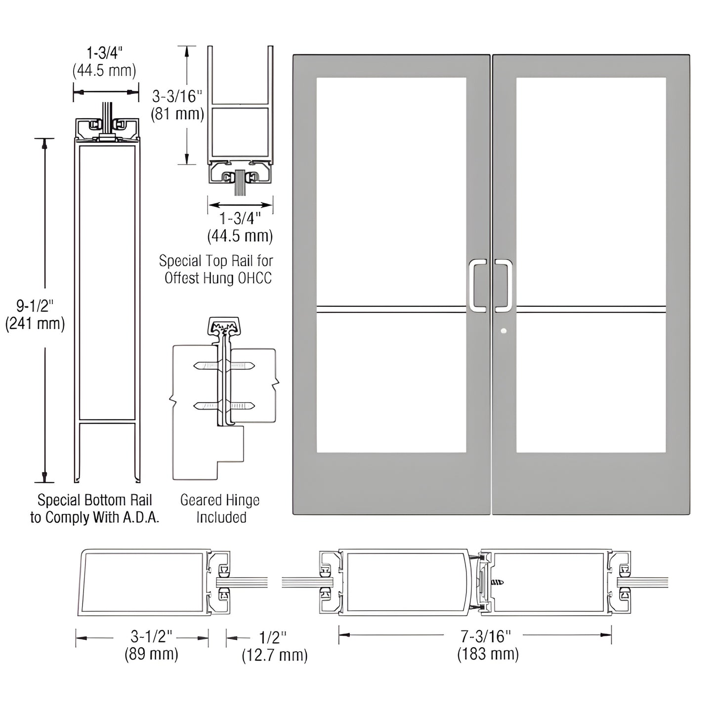 CRL CD42911 medium-style double entrance door, clear anodized finish, gear-hinge ready, ADA 9 1/2 bottom rail, glass stops.