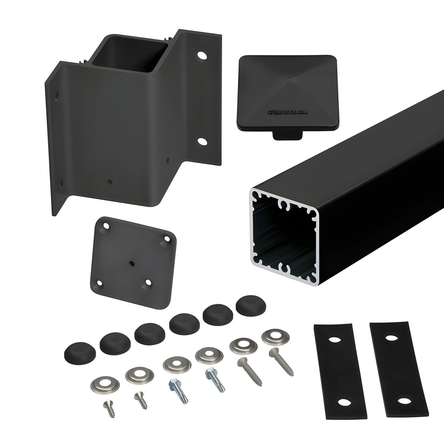 Matte black 90 fascia-mount aluminum post kit with square post, bracket, cap and hardware - SKU 1FP9142KBL