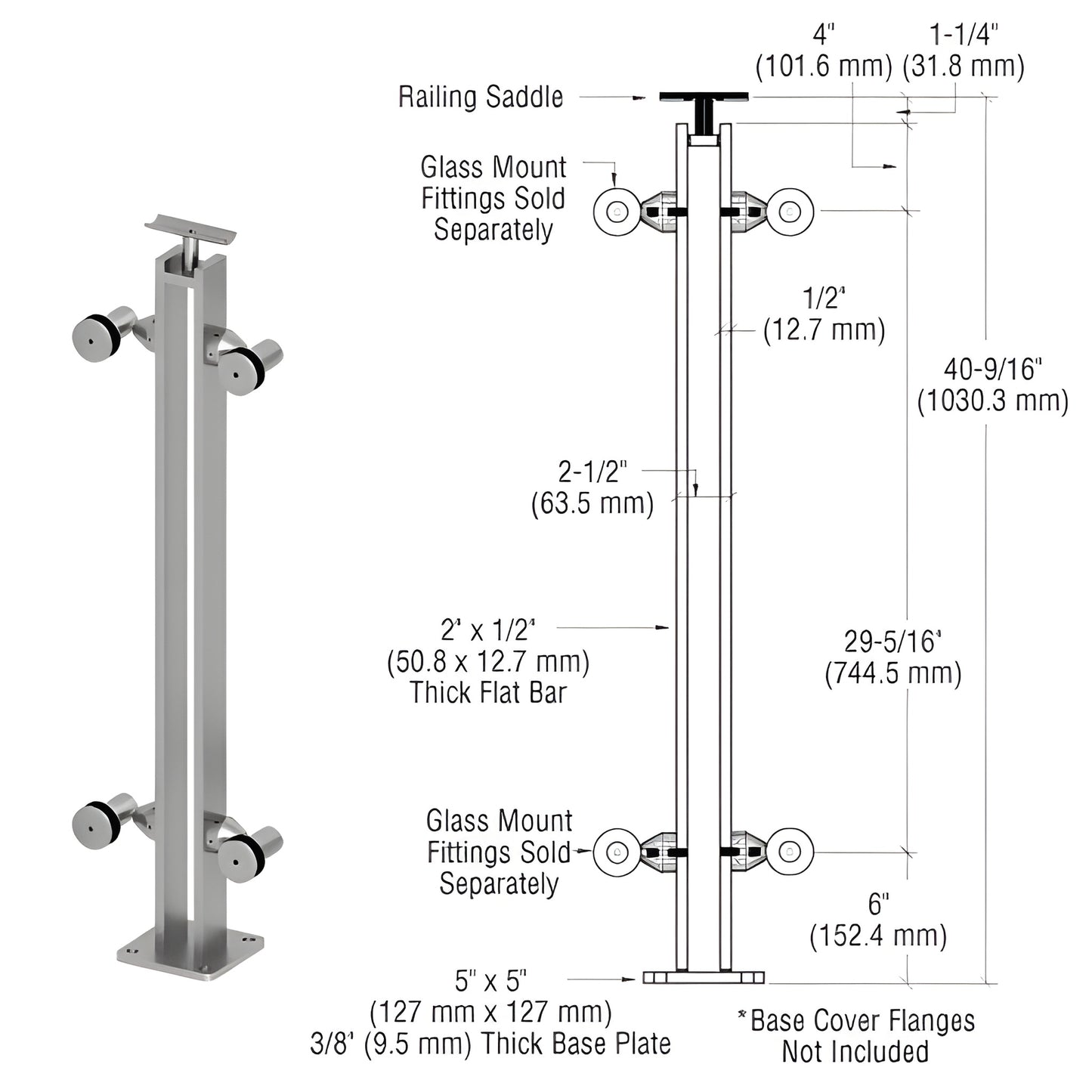 Stainless steel surface-mounted post railing kit with base plate and railing saddle for glass; SKU P8F42CBS