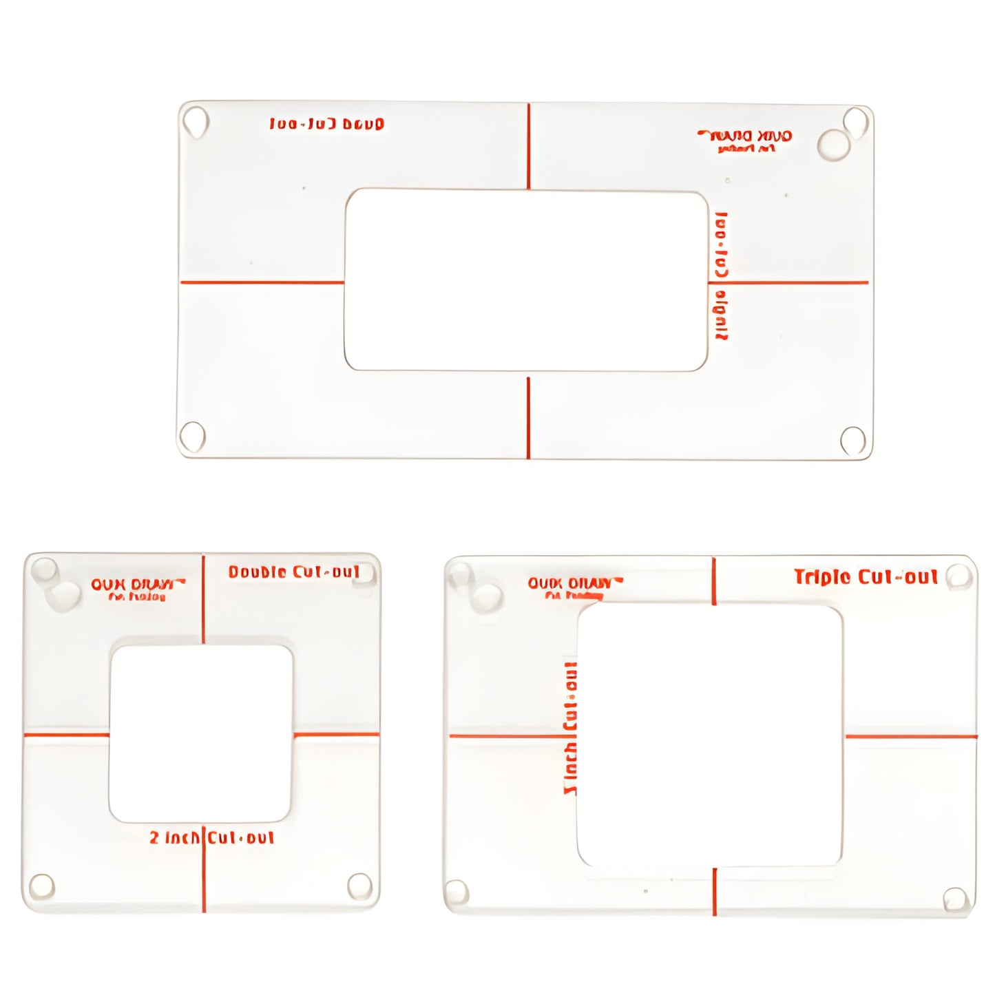 Clear acrylic set of three Quick Draw outlet and switch cut-out templates with red guide lines and non-slip bumpers (QD1)