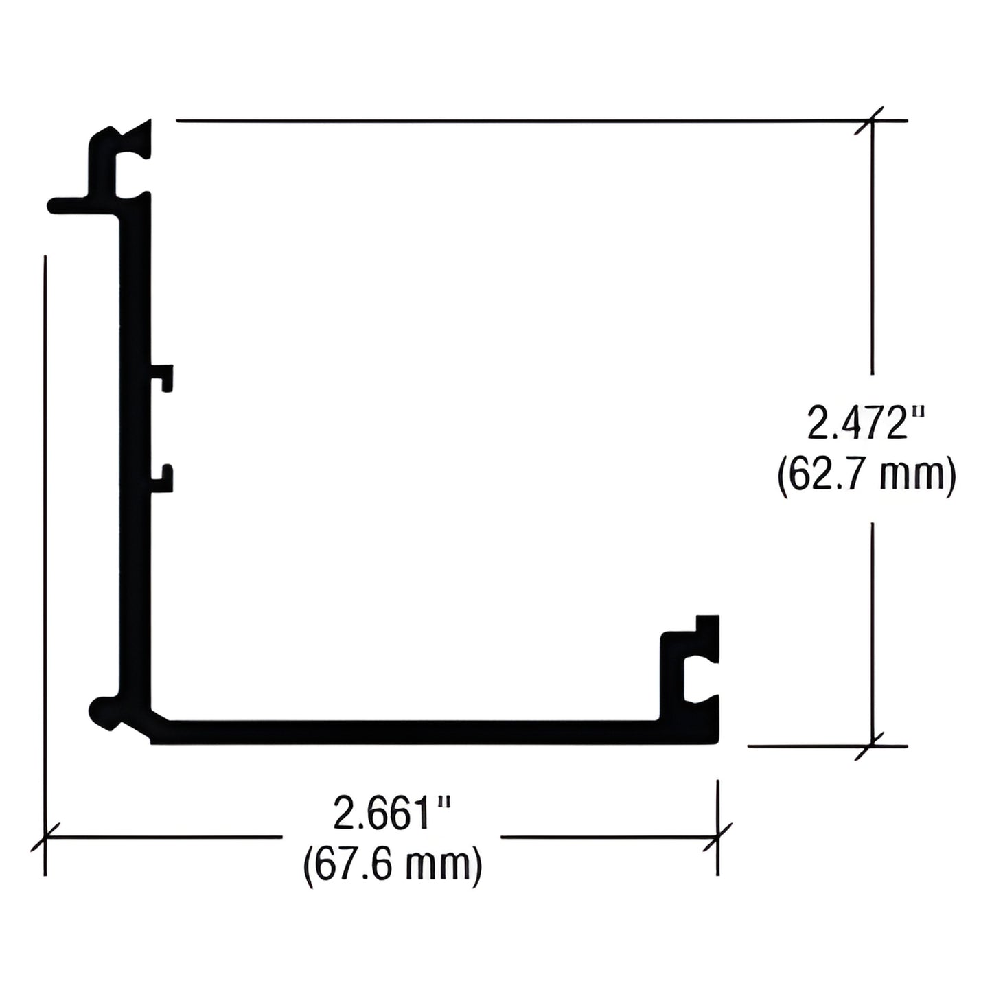 CRL aluminum extrusion corner profile (SKU PC35299), mill finish L-section, 2.661" x 2.472" (67.6 x 62.7 mm)