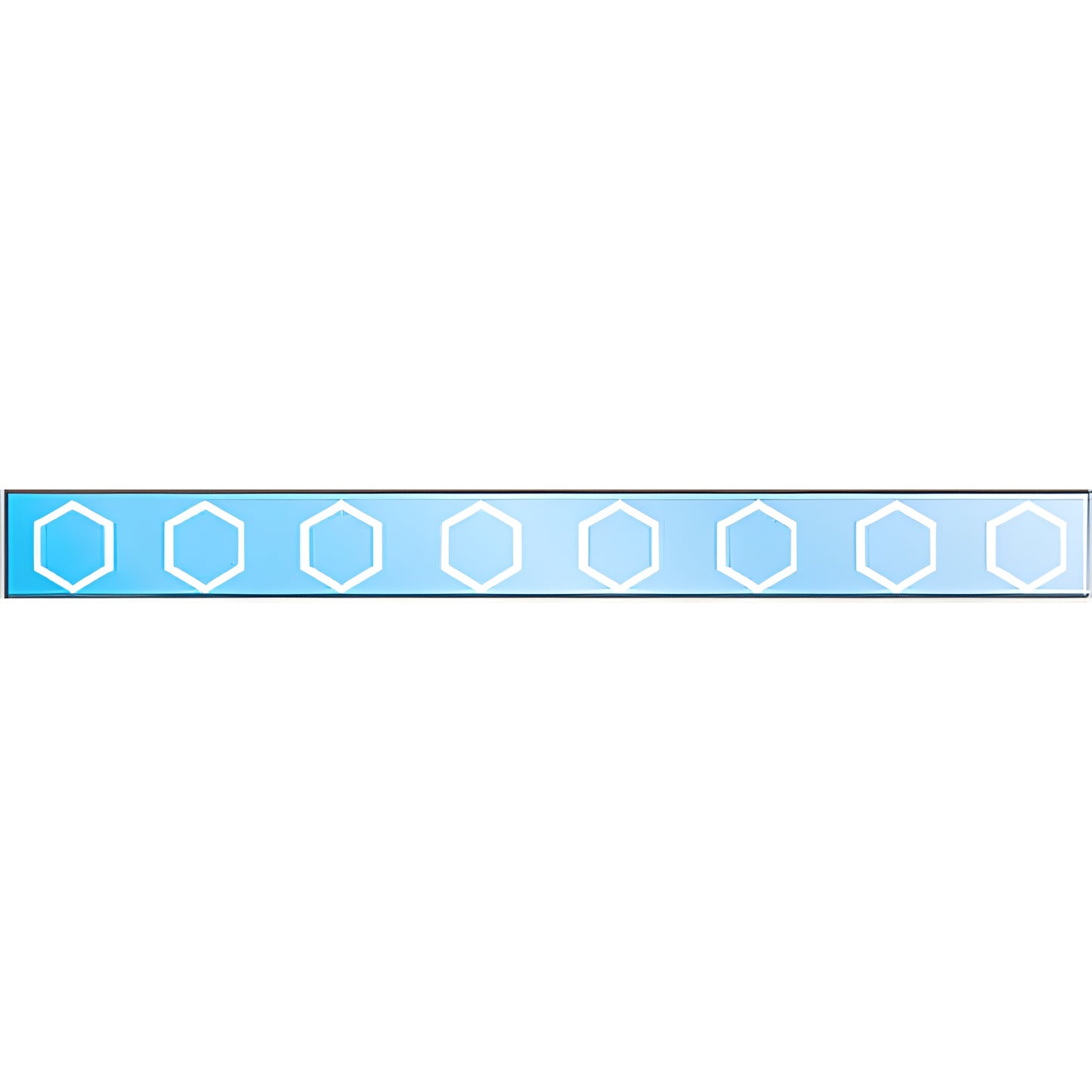Long horizontal blue strip showing evenly spaced white hexagon glass safety decals for storefronts.