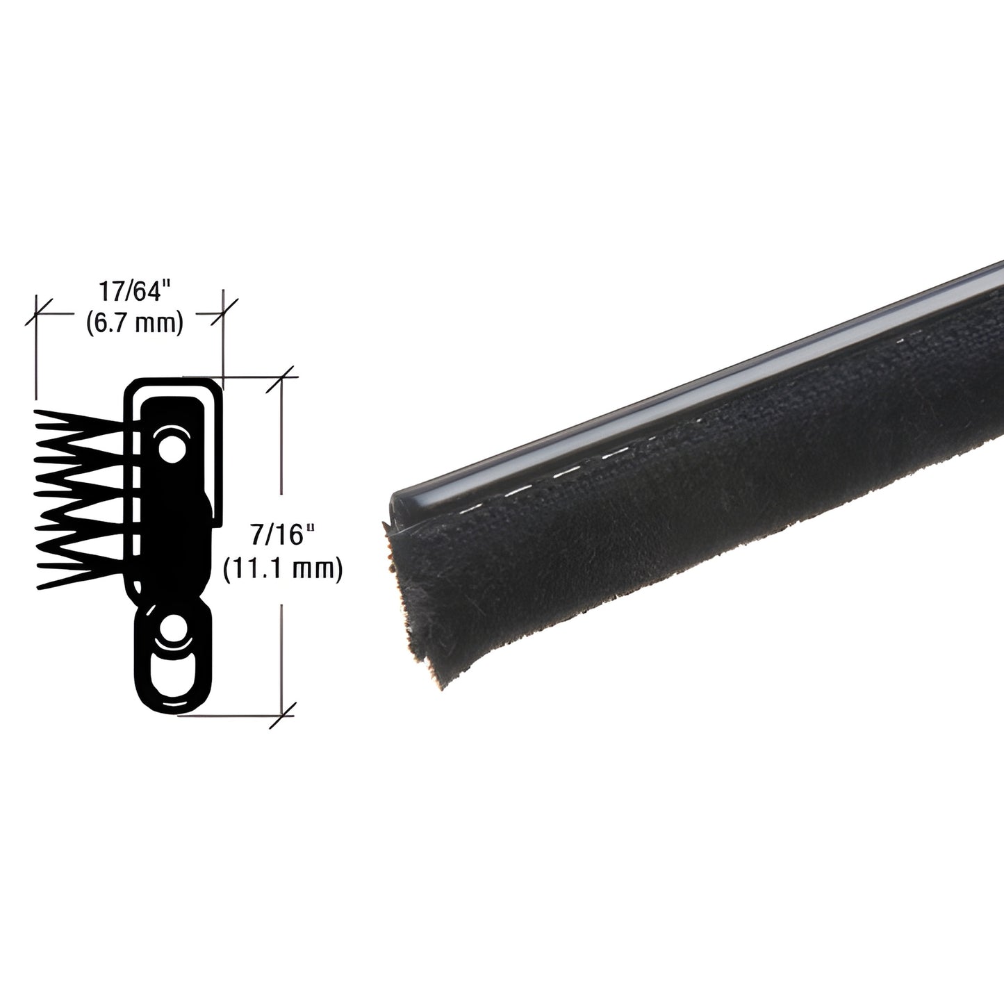 Black rubber-edged unbeaded weatherstrip with pile lining, 7/16" x 17/64" (SKU M12396) for 1953-1964 Chrysler