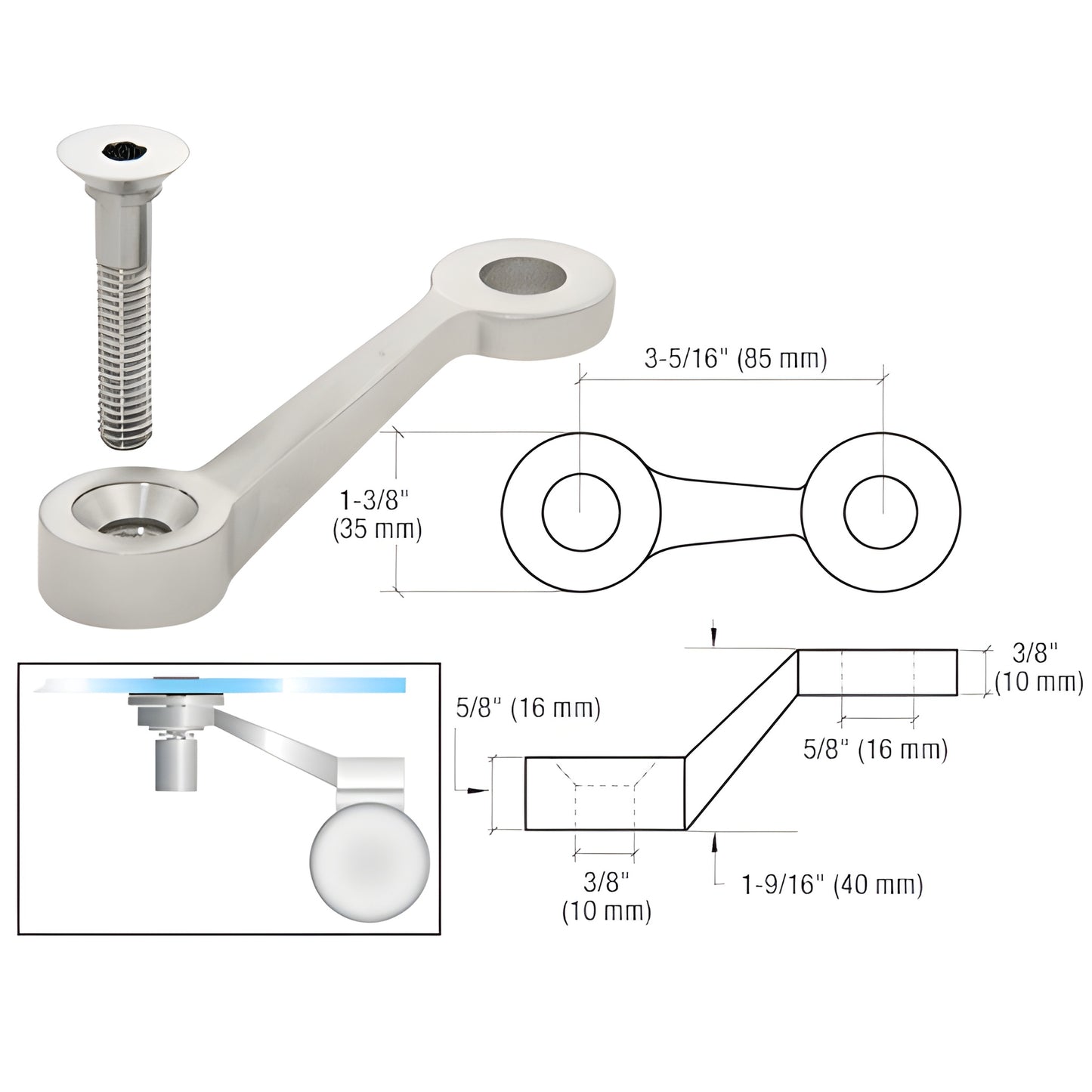 CRL GRP1LBS stainless post-mount fitting with longer arm; includes 3/8-16 x2 stud. Glass fittings sold separately.