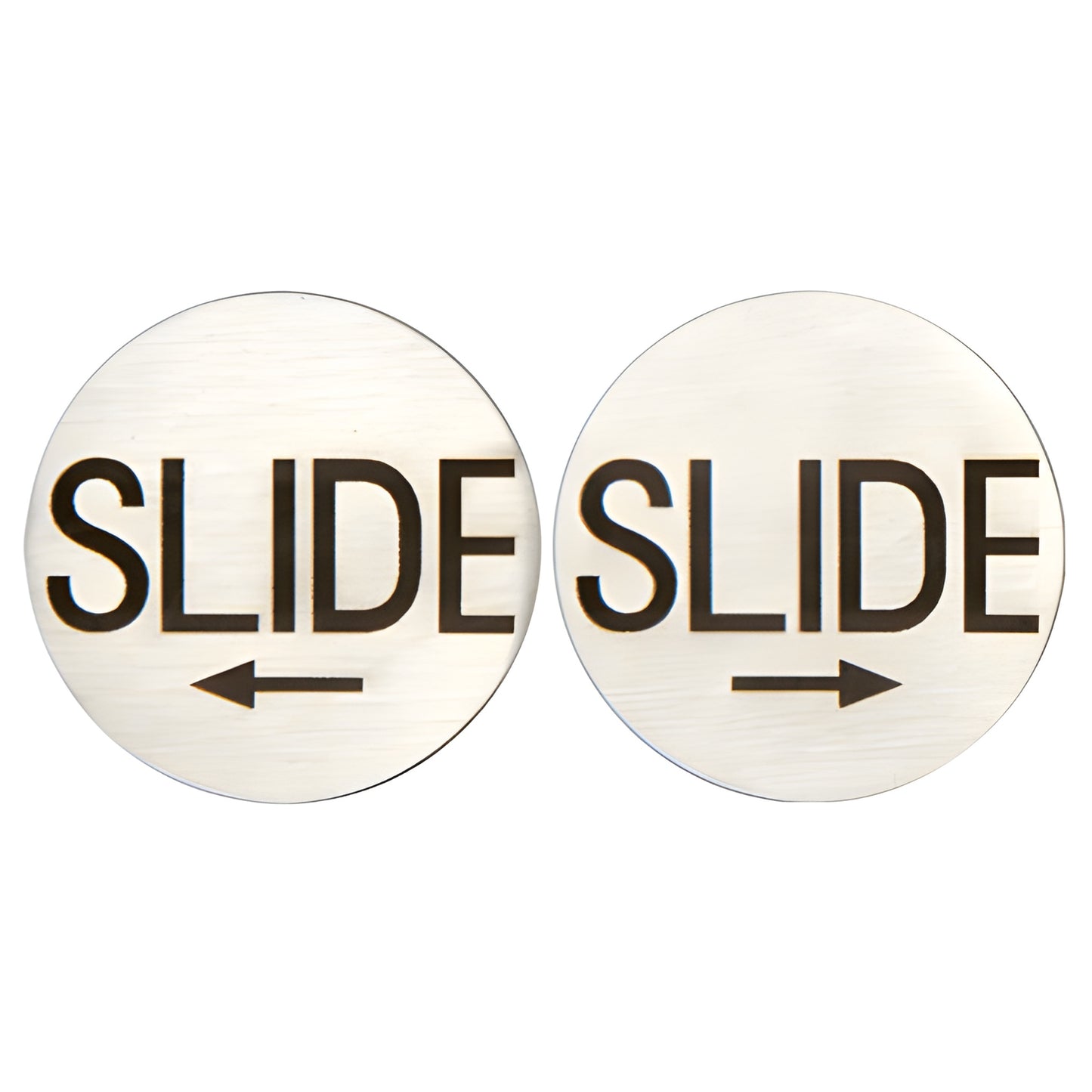 Pack of two 2 in brushed stainless steel round slide indicators, "SLIDE" etched with left and right arrows (SKU 3EPSSL)